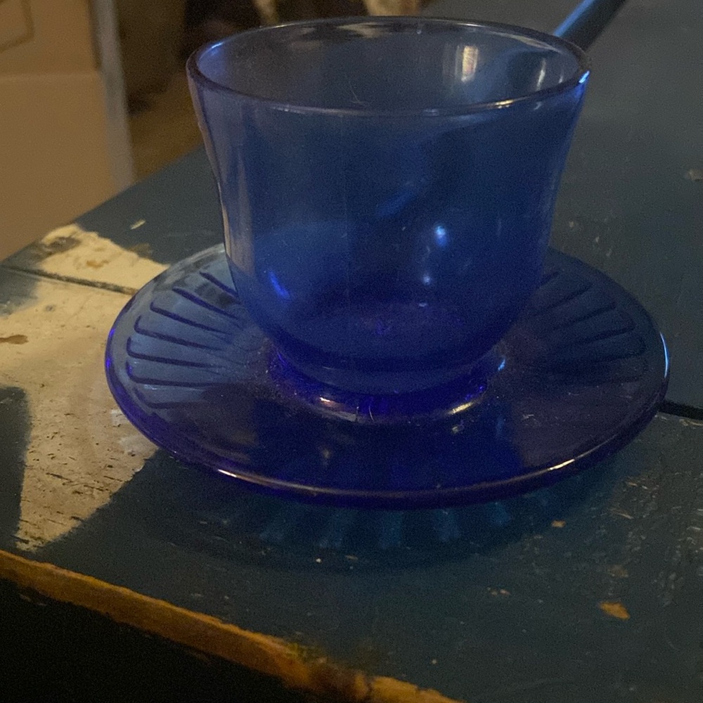 Vintage 30s Macbeth-Evans Petalware Blue Glass Condiment Cup with Attached Plate